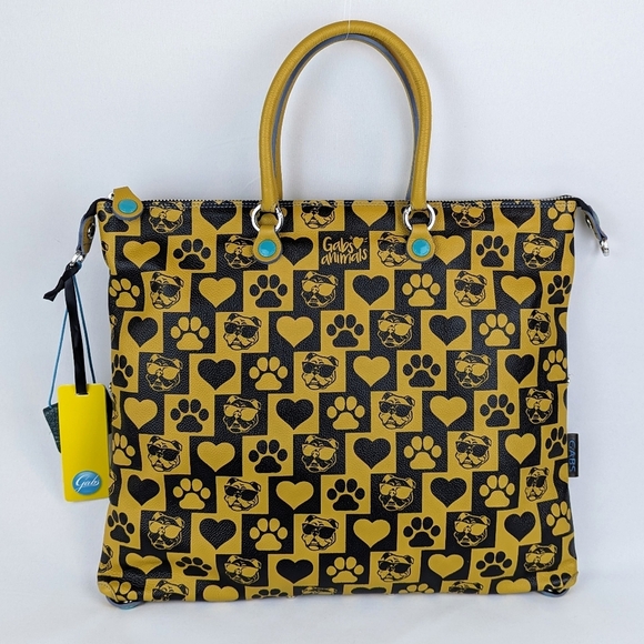 GABS Convertible Tote Backpack Leather Denim Bulldog Paw Heart Mustard Blue NWT - Picture 1 of 16